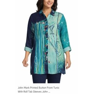 John Mark Abstract Button-Front Tunic Top Roll Tab Sleeves Size 1X NWT